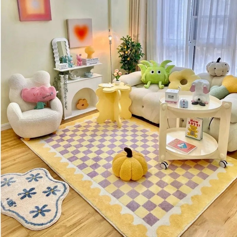 Coffee Equipment At Home - Pink Blue Checkerboard Bedside Carpet Cute