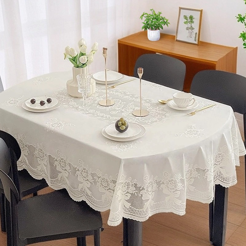 Coffee Equipment At Home - Elegant Off-White Bow Pvc Tablecloth Rectangular